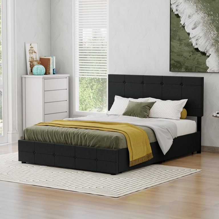 NNV Upholstered Platform Bed Frame with 4 Storage Drawers  Button Tufted Design