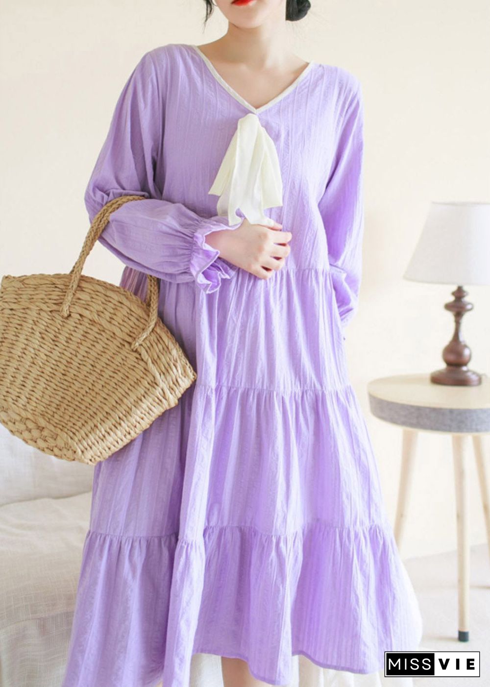 Casual Purple V Neck Patchwork Cotton Maxi Dress Long Sleeve