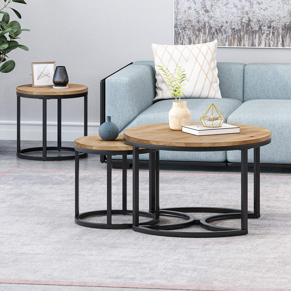 3 Pieces Coffee Table Set  Nesting Design With Metal Frame  ampRound Fir Wood Top   Industrial   Coffee Table Sets   by Decor Love  Houzz