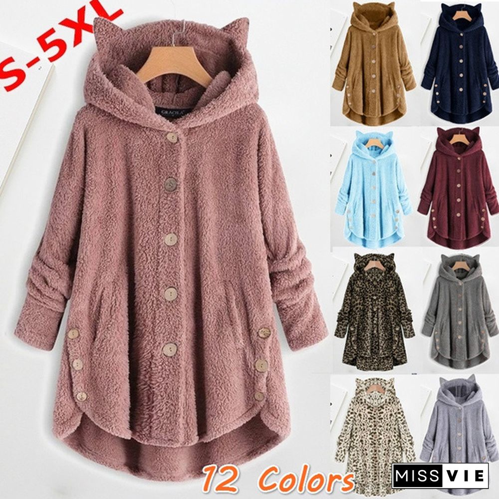 12 Colors Fashion Women Autumn Winter Soft Furry Fleece Hooded Casual Loose Long Coat Jacket Cute Cat Ears Ladies Plush Hoodies Casual Loose Warm Jacket Plus Size S-5Xl