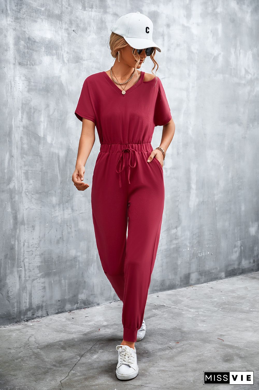 Cut Shoulder Drawstring Waist Sleeveless Jumpsuit