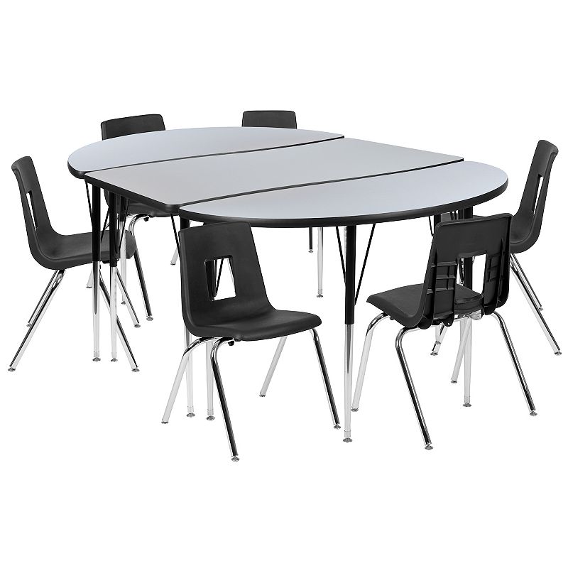 Emma and Oliver 76 Oval Wave Activity Table Set with 18 Student Stack Chairs， Grey/Black