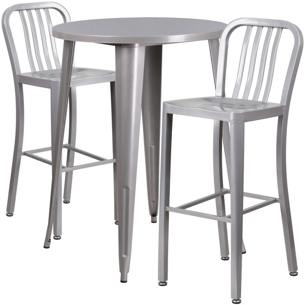 Round Metal Indoor outdoor Bar Table Set With 2 Vertical Slat Back Stools