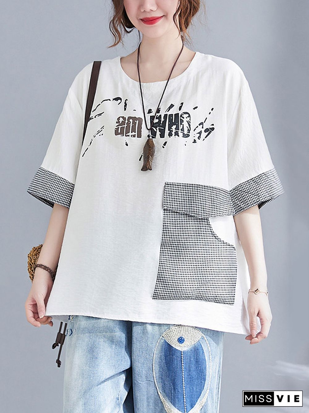 Original Letter Print Split-Joint Round-Neck T-Shirts Tops