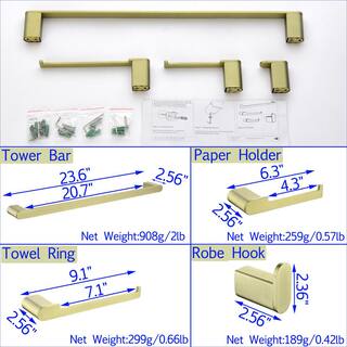 Boyel Living 4-Piece Bath Accessory Set with Towel Bar Towel Robe Hook Toilet Roll Paper Holder Hand Tower Holder in Brushed Gold SMD-59000BG