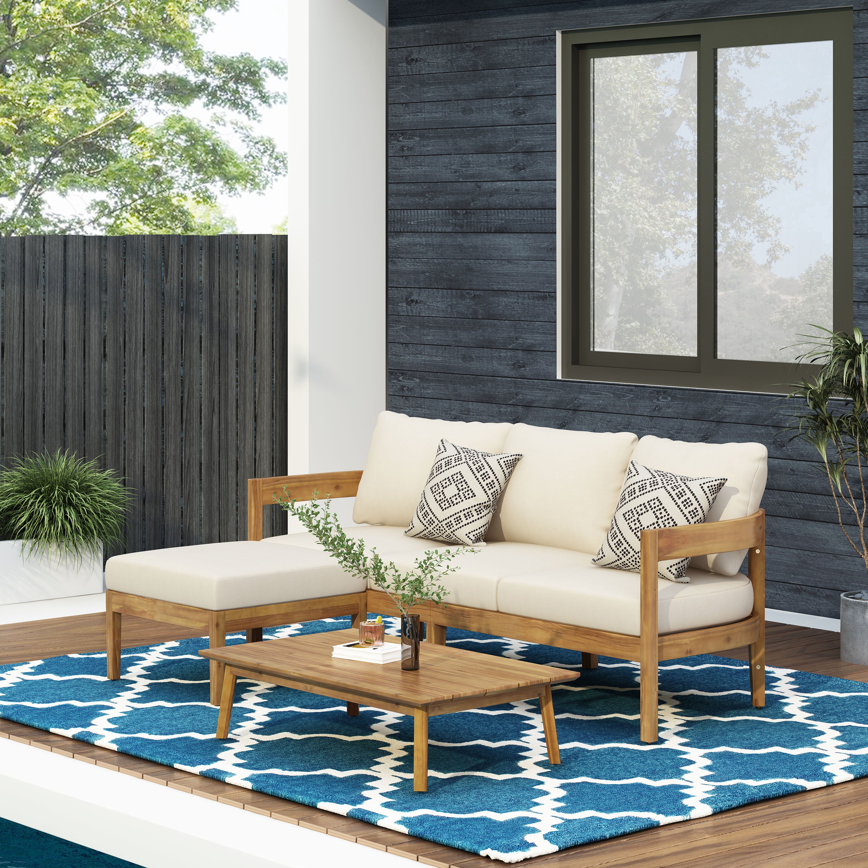 Brooklyn Outdoor Acacia Wood 3 Seater Sofa Chat Set with Ottoman, Teak and Beige