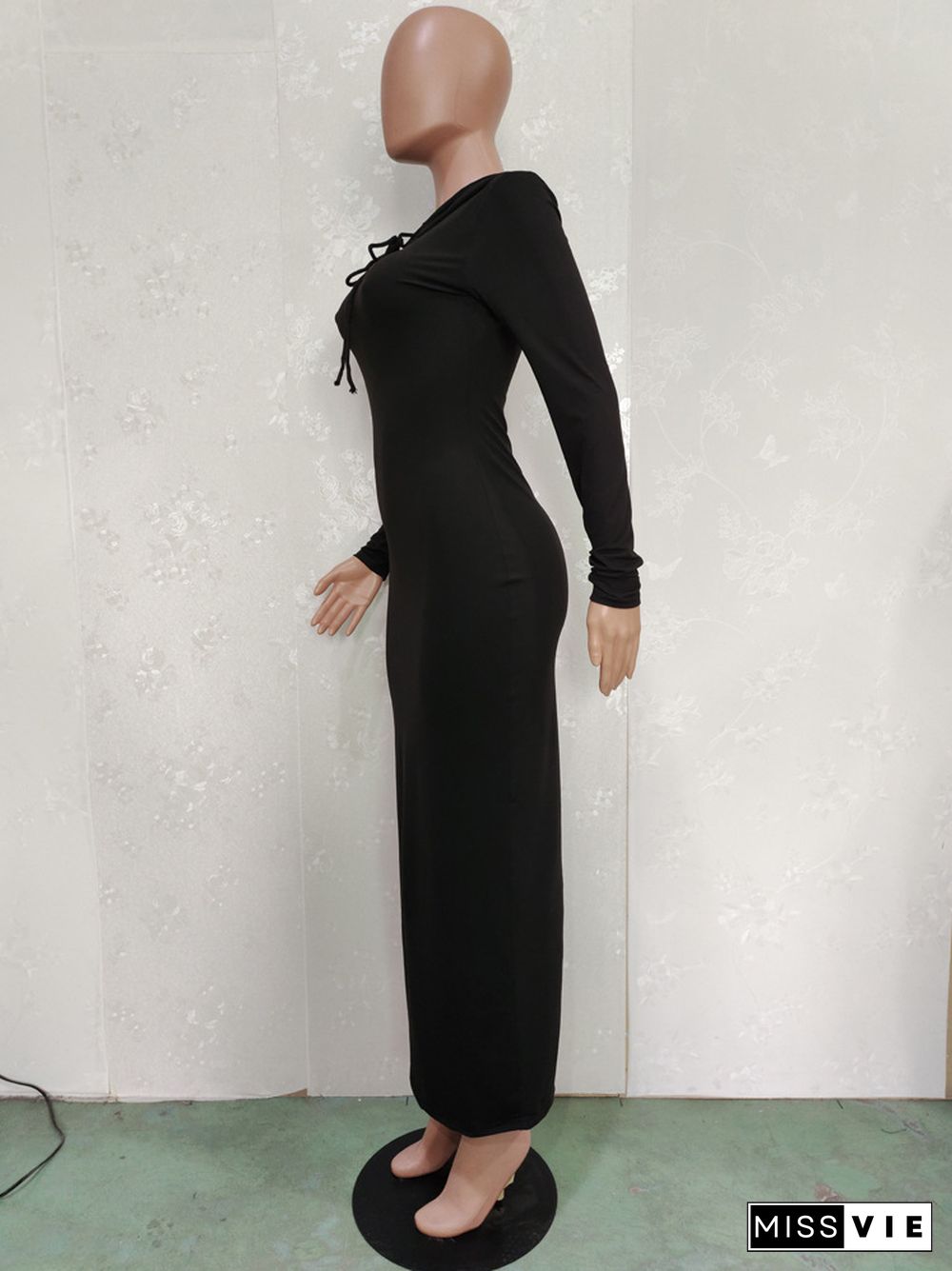 Solid Hooded Long Sleeve Bodycon Maxi Dress