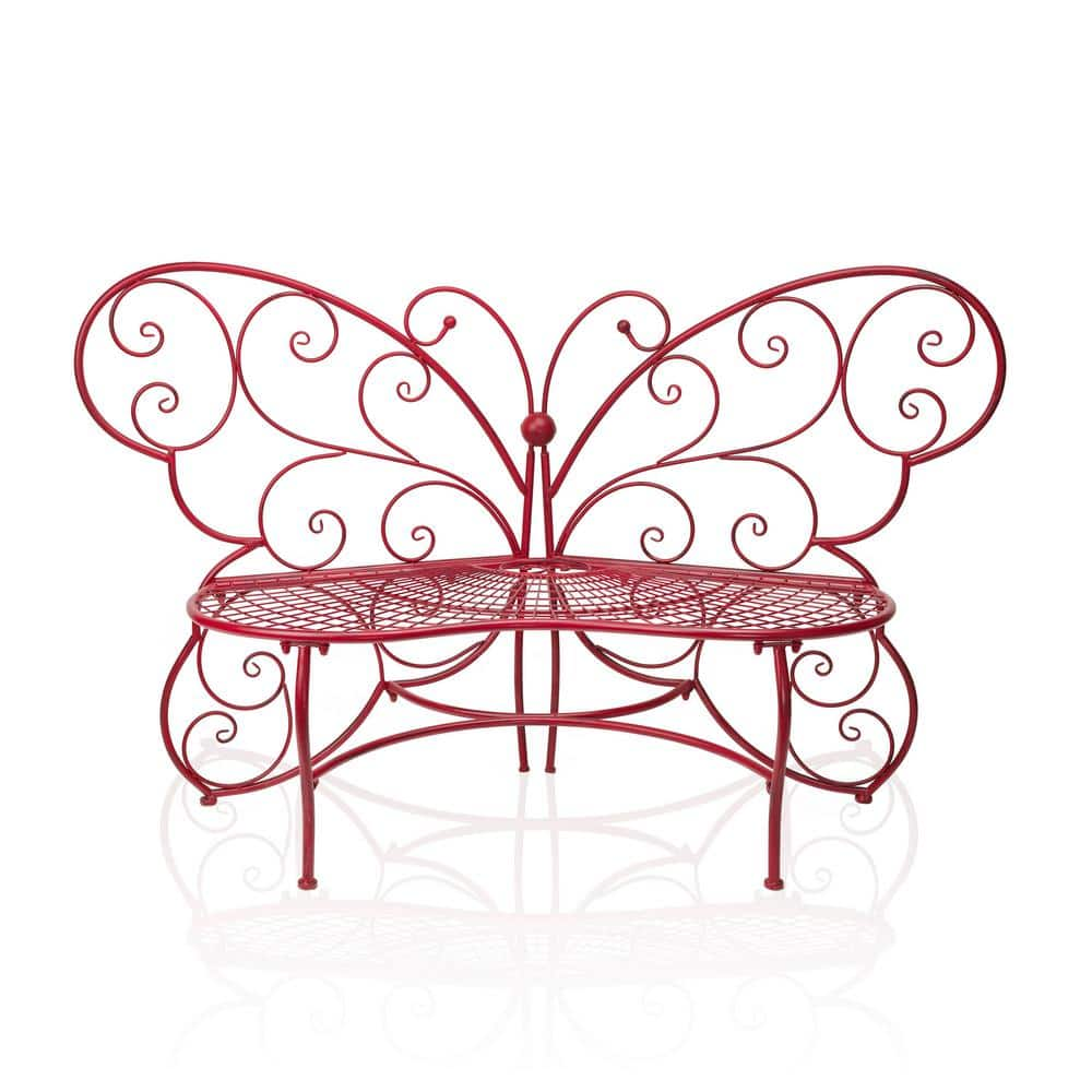 Alpine Corporation 61 in. x 26 in. Outdoor 2 Person Metal Butterfly Shaped Garden Bench, Red BAZ400RD