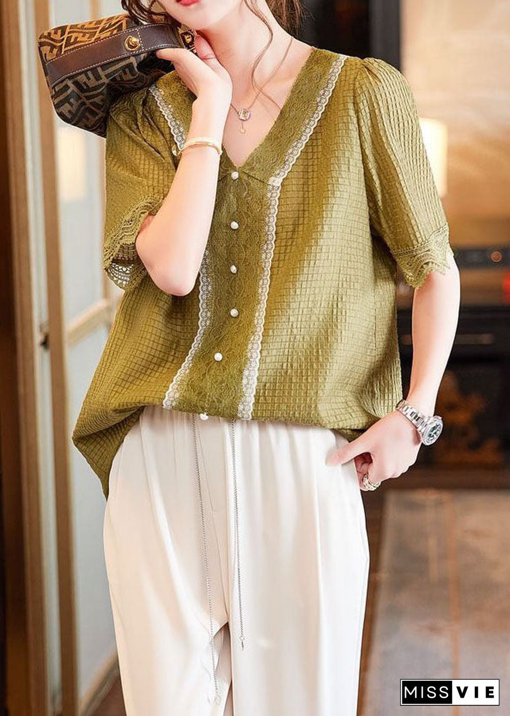 Classy Yellow V Neck Lace Nail Bead Patchwork Cotton Shirt Summer