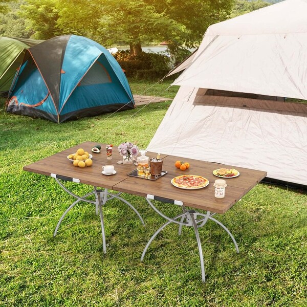 Costway 2 Pack Folding Camping Table with Woodgrain Tabletop Aluminum