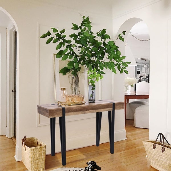 Oak Finish MDF Wood and Black Metal Console Entry Table - 30