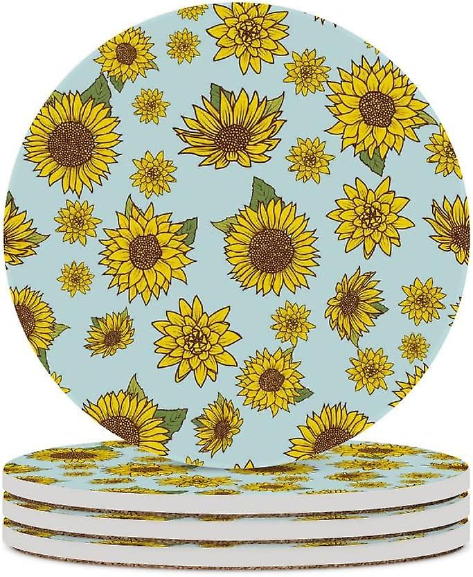 1pc Round Watercolor Sunflowers On Blue Ceramic Coasters With Cork-backed For Coffee Drink Cup Mat Absorbent Stone Coasters