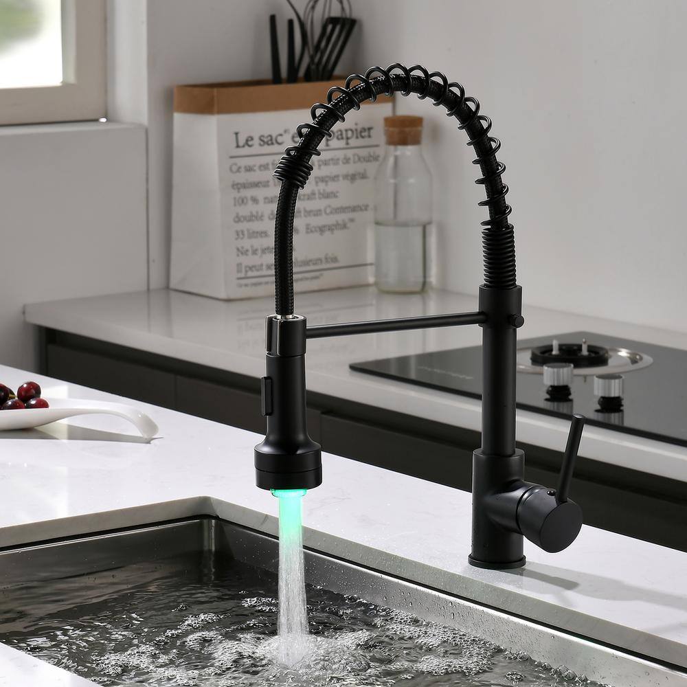 Boyel Living Stainless Steel Faucet Black Single-Handle Faucet Pull-Down Sprayer Kitchen Faucet BM289B-LED-45