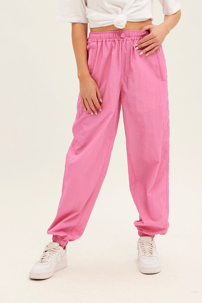 Pink Parachute Cargo Pants Mid Rise