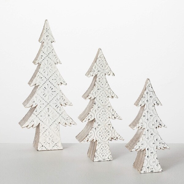 8H，10H and 12H Sullivans Christmas White Embossed Tree Figurines Set of 3，White