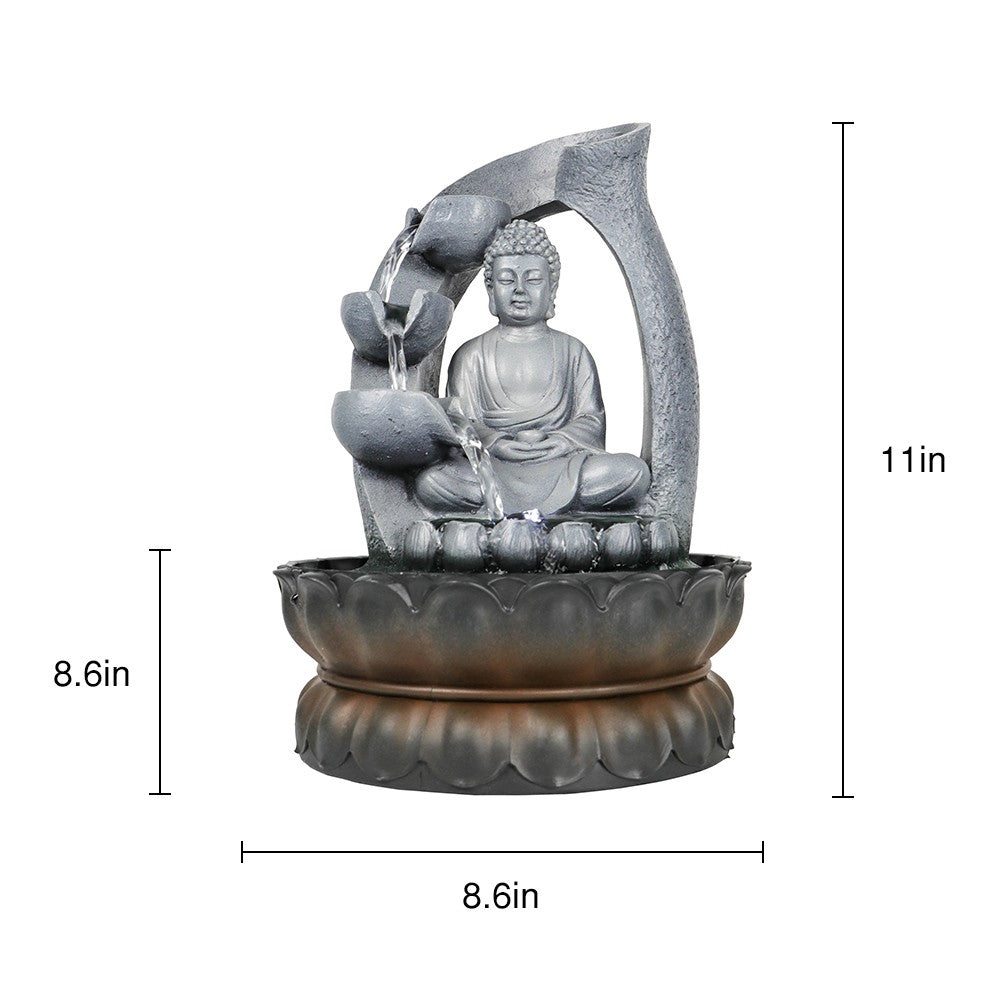 Willwolf Indoor Zen Buddha Fountain with LED Light，Indoor TableTop Water Fountain for Home and Office，Resin Waterfall，Buddha Statue Decor