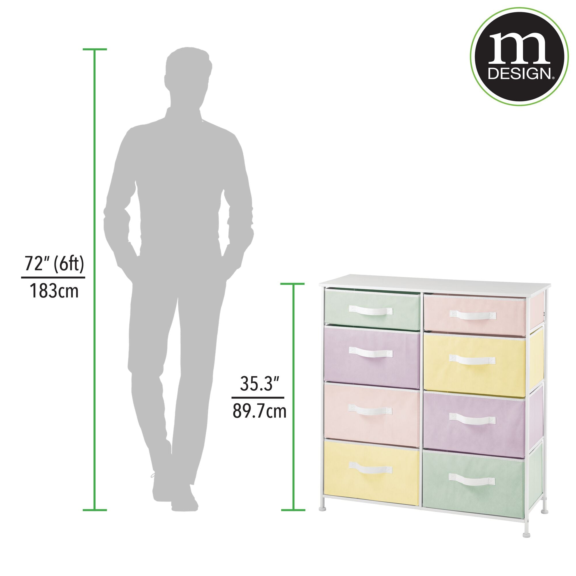 mDesign Tall Steel Frame/Wood Top Storage Dresser Furniture Unit with 8 Slim Removable Fabric Drawers, Large Bureau Organizer for Bedroom, Living Room, Closet - Jane Collection, Bright/Multi