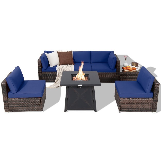 Costway 7pcs Patio Rattan Furniture Set Fire Pit Table Cover Cushion Off White black navy red turquoise