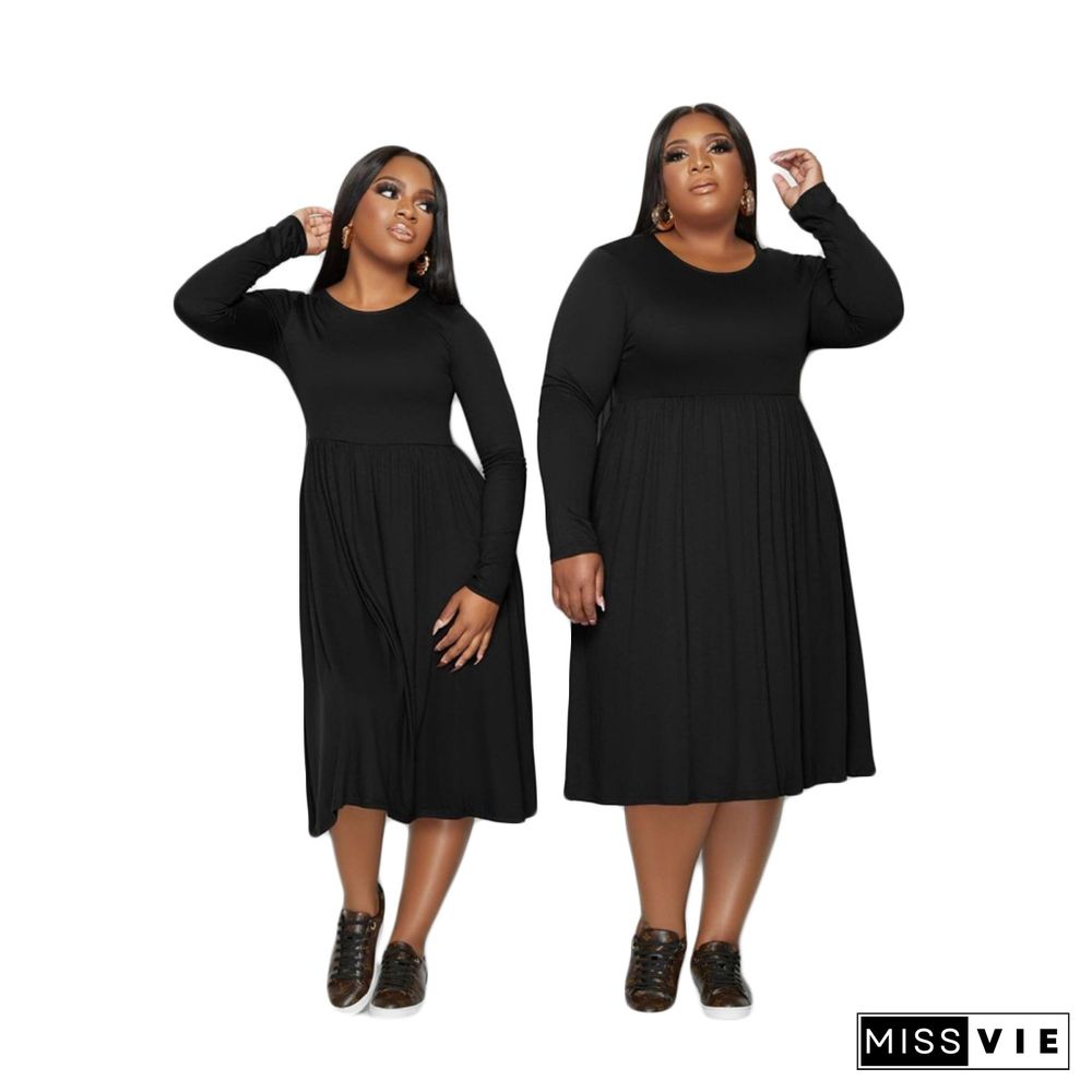 Solid Color Long Sleeve A Line Plus Size Dresses