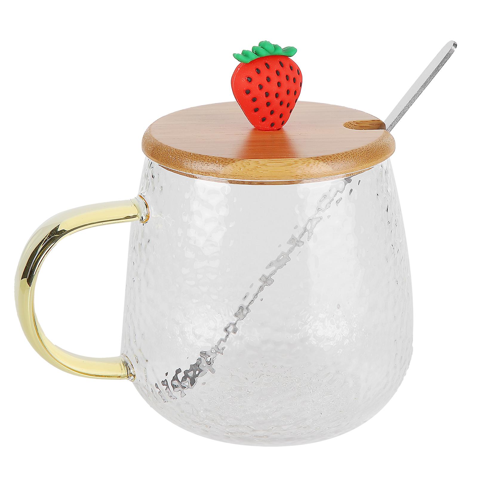 400ml Cute High Borosilicate Glass Cup Heatresistant Mug With Stainless Steel Spoon Bamboo Lidstrawberry