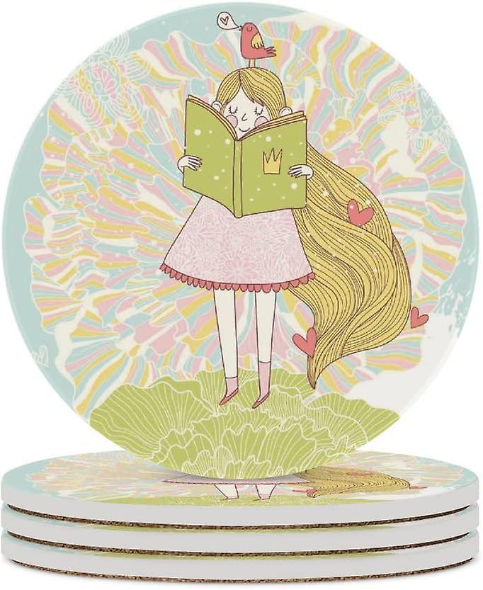 1pc Round Reading Princess In Pastel Colors Ceramic Coasters With Cork-backed For Coffee Drink Cup Mat Absorbent Stone Coasters