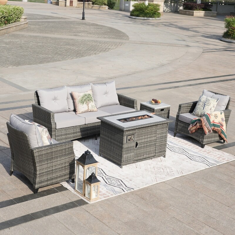 5 Piece Patio Rattan Sofa Set with Fire Pit Table