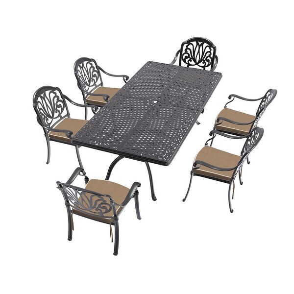 7/9Piece Cast Aluminum Outdoor Dining Set with 82.68'' L X 41.34'' W Rectangular Table and Random Color Seat Cushions