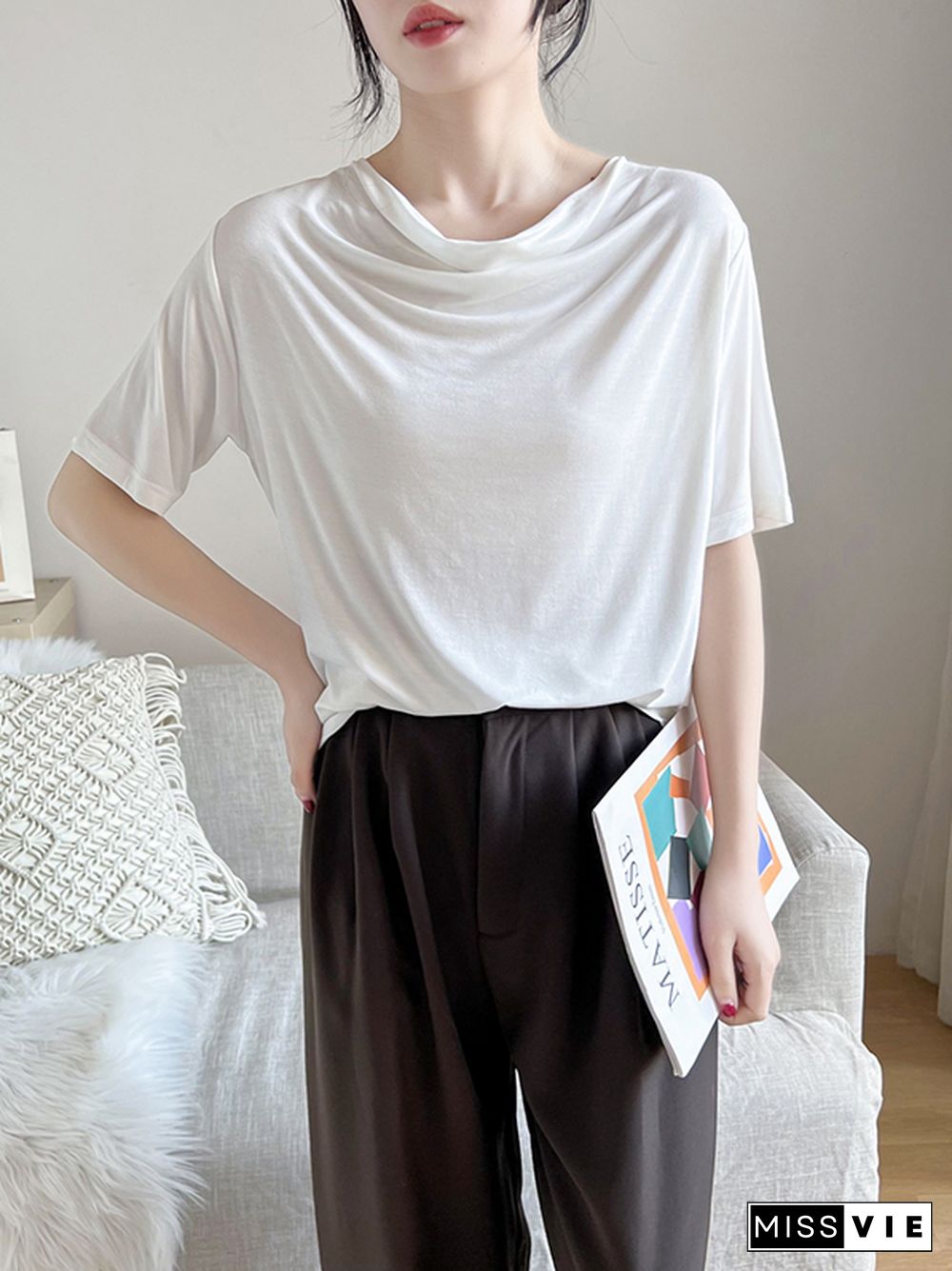 Short Sleeves Pleated Solid Color Heaps Collar T-Shirts Tops