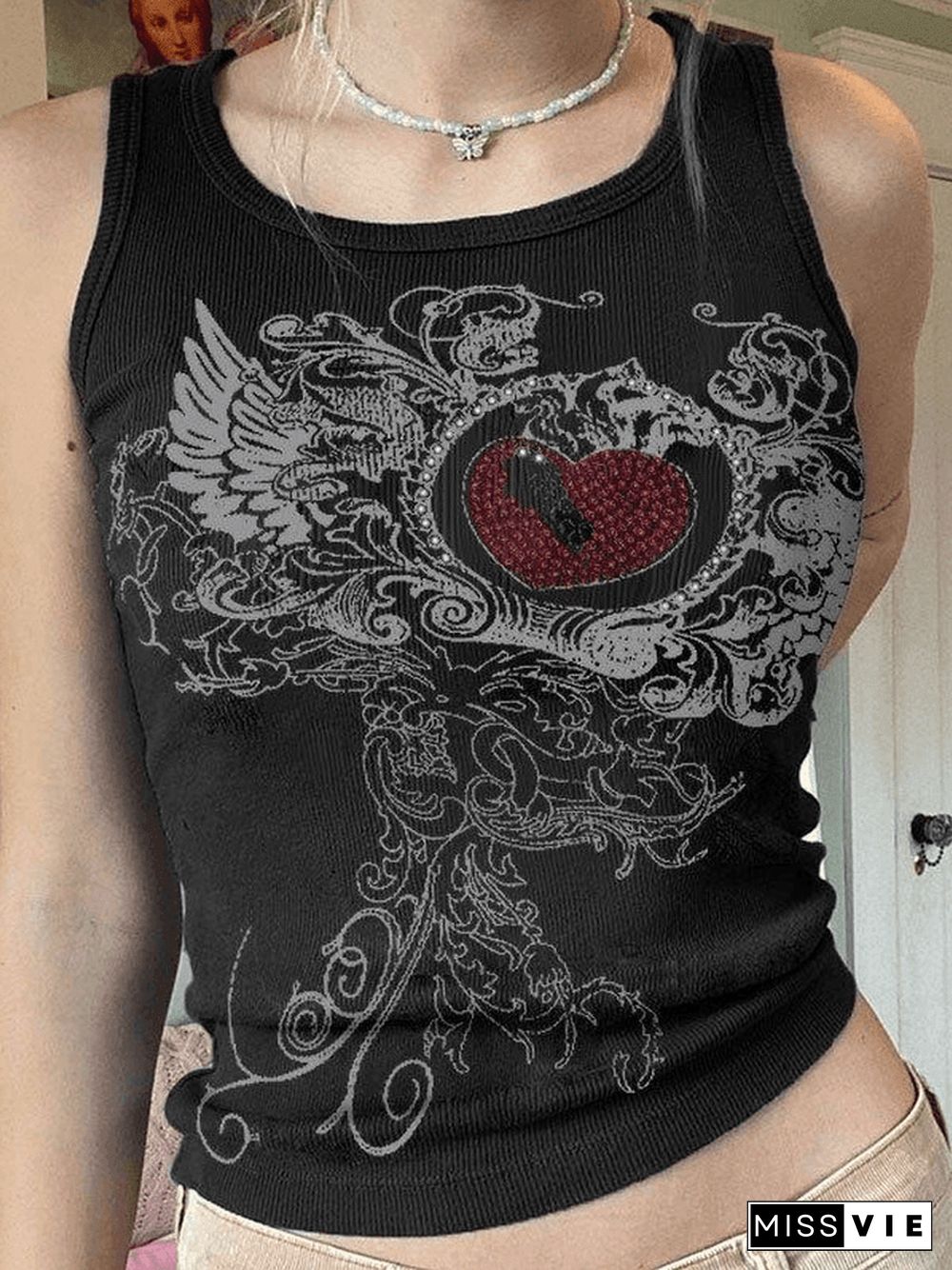 Heart Rhinestone Rib Crop Tank Top