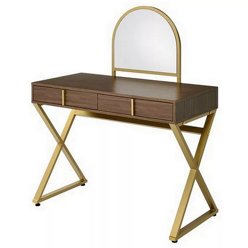 50 Inch Classic Arched Mirror Vanity Desk， Wood， X Metal Frame， Brown， Gold