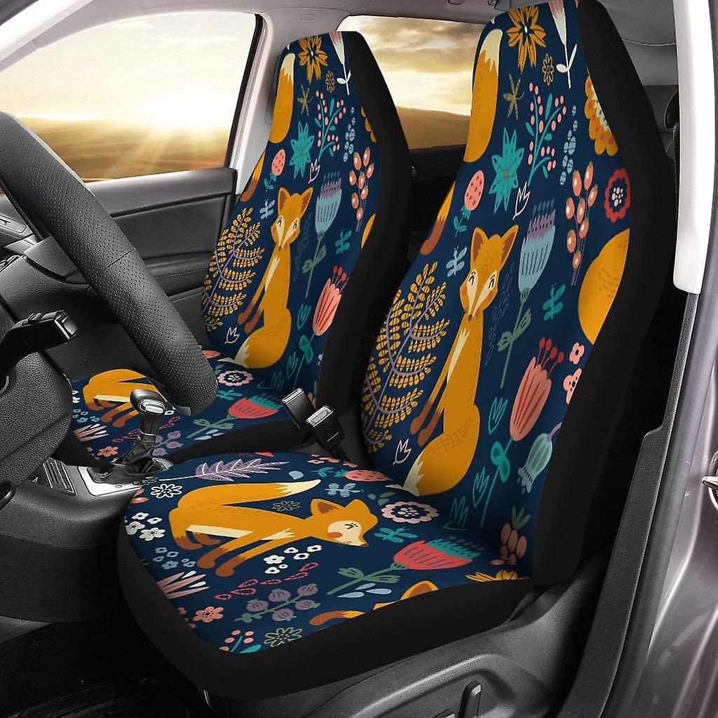 Set Of 2 Car Seat Covers Cartoon Fox Flower Leaves Universal Auto Front Seats Protector Fits For Car，suv Sedan，truck