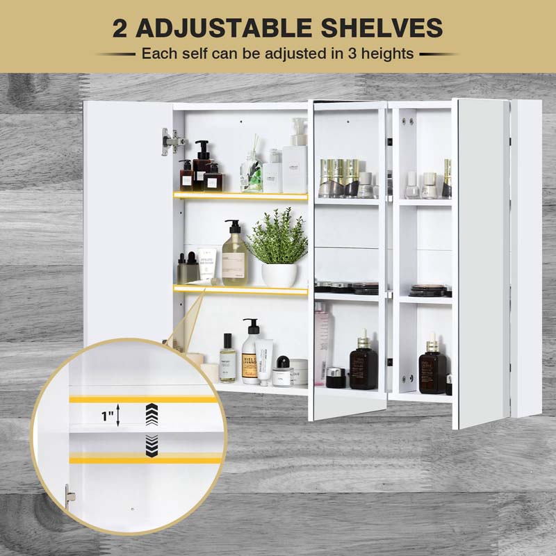 Large Mirrored Medicine Cabinet with 3 Mirror Doors, Bathroom Wall Mounted Storage Cabinet w/Adjustable Shelf