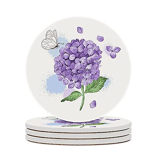 Round Drink Coasters 2 Pcs Purple Hydrangea Flower Absorbent Ceramic Coaster With Cork Base For Coffee Cups Housewarming Gift For Home Decor