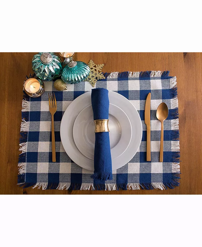 Design Imports Navy Heavyweight Check Fringed Placemat Set of 6