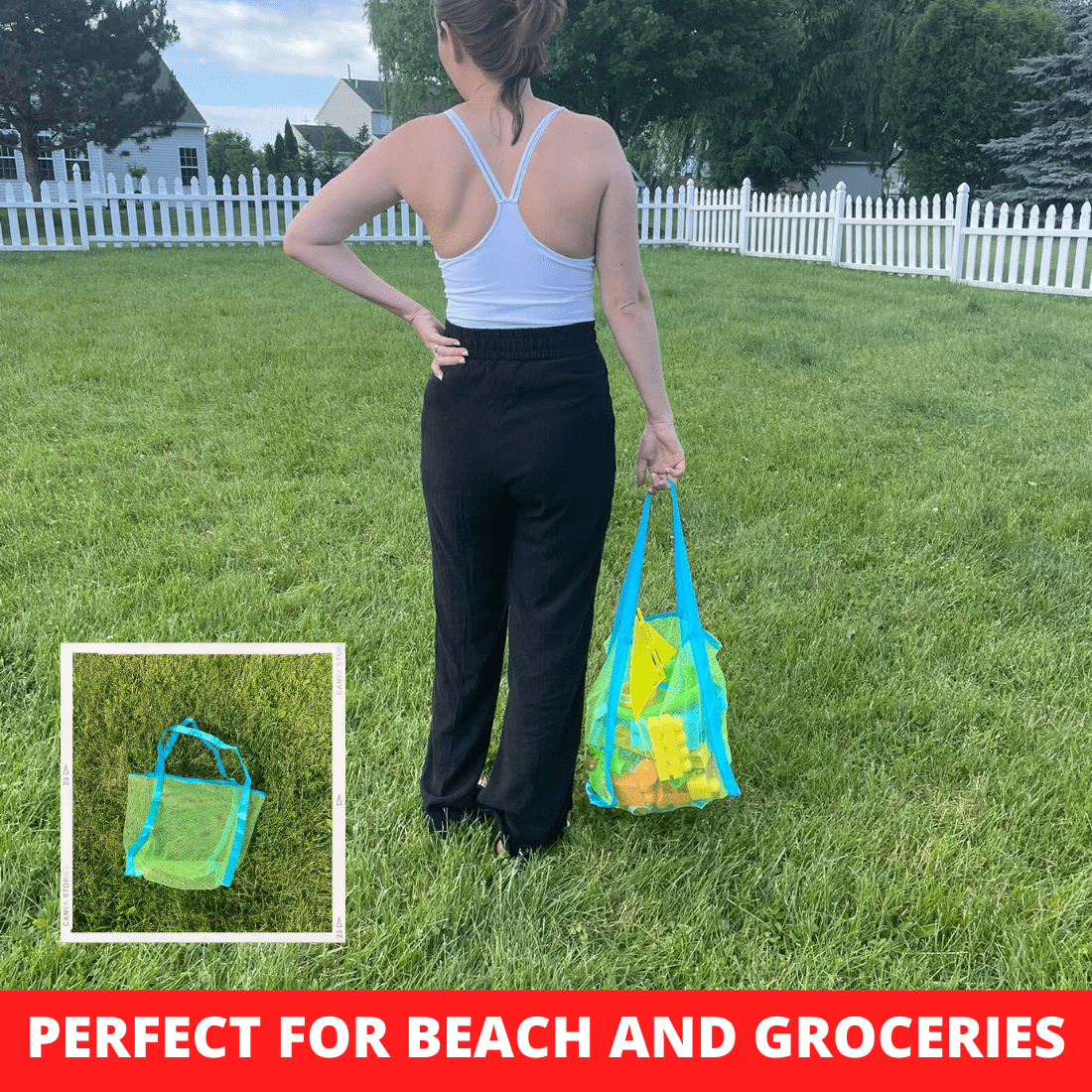 Jeexi Mesh Beach Bags and Totes for Groceries – 2 Pack, Laege Foldable Shopping, Summer Pool Toys, Reinforced Carry Handles, Sand Resistant Net, Market Grocery Picnic Tote