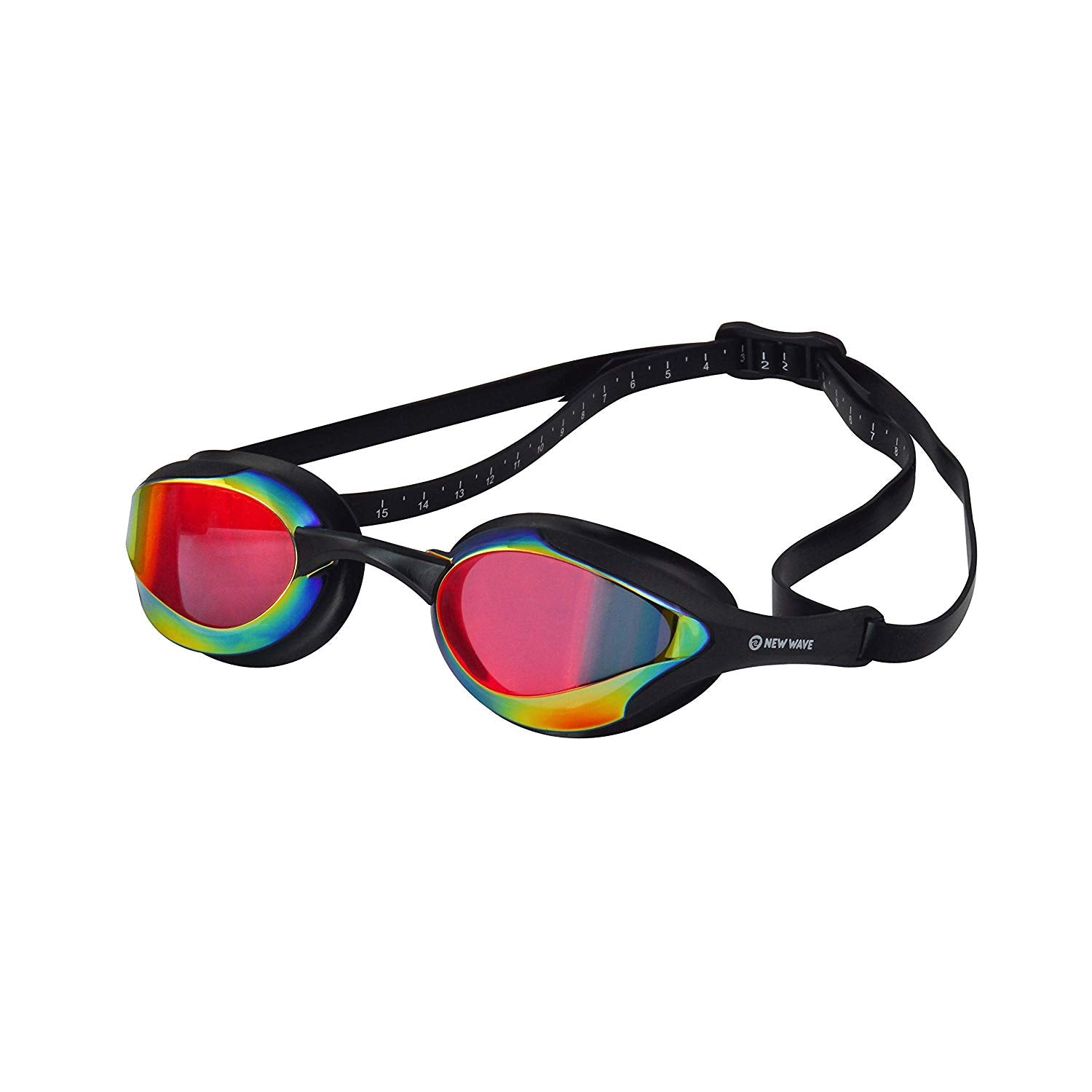 New Wave Swim Goggles {Bonfire = Revo Lens in Black Frame} Anti Fog Lenses, Silicone In-Socket Eye Cups, Four Interchangeable Nose Bridges and Adjustable Strap for Water-Tight Seal for Triathlon & Ope