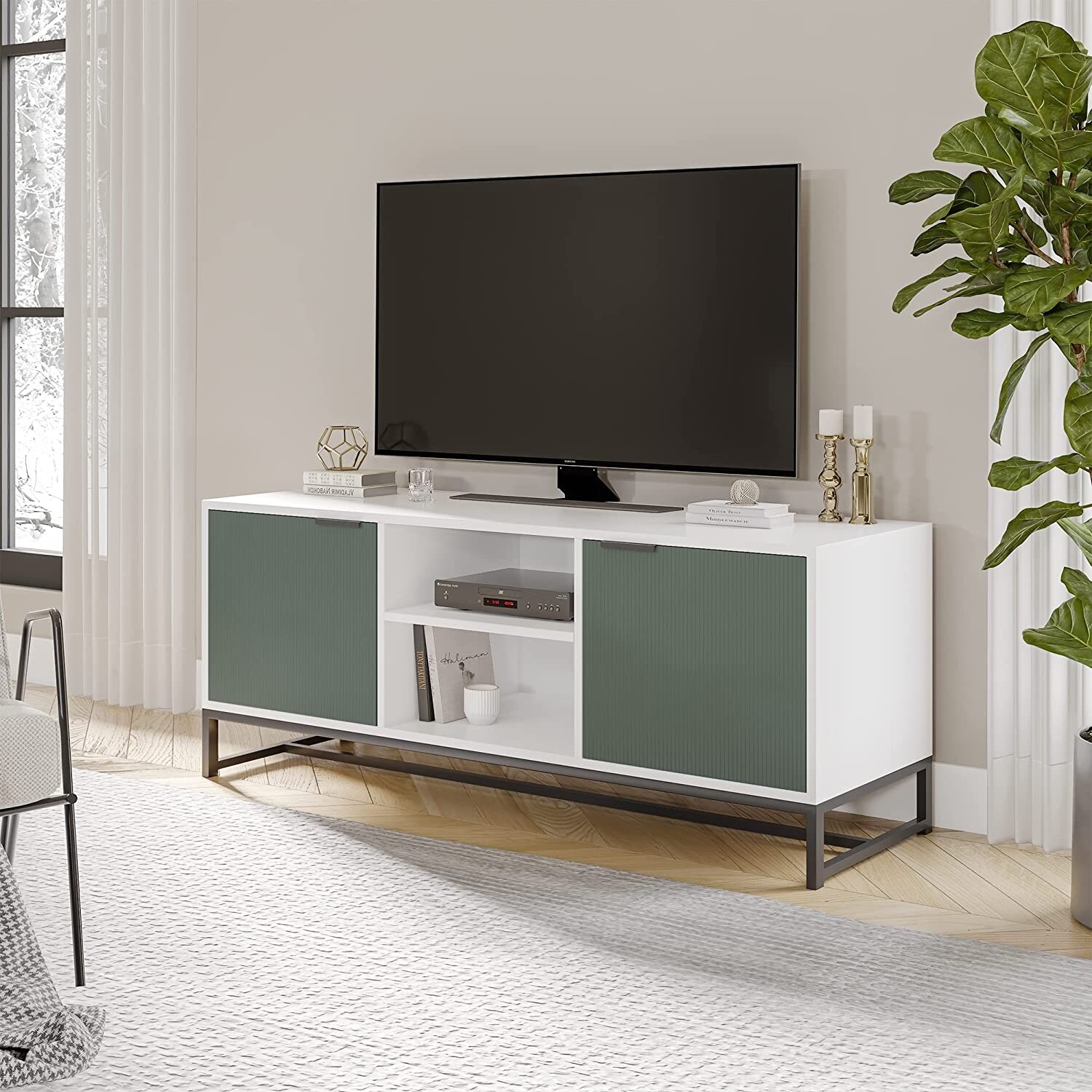 Modern Entertainment Center for 55 inch TV， Low Profile TV Stand with Storage Cabinet and Open Shelves， White and Green