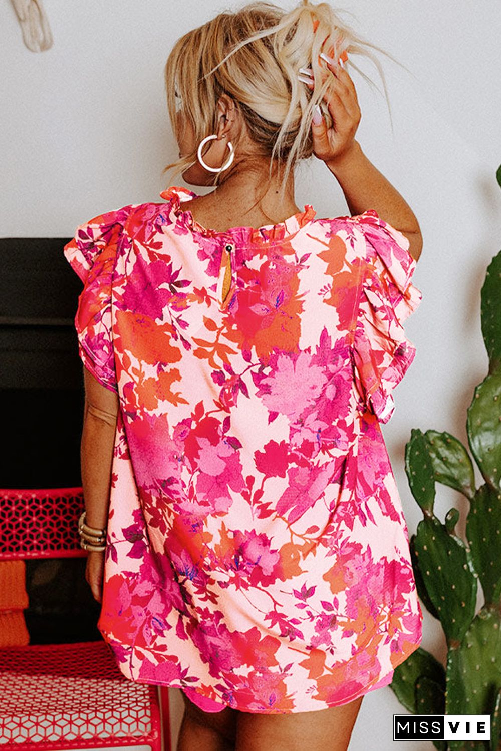 Rose Ruffle Tiered Sleeve Frill Neck Floral Plus Size Blouse