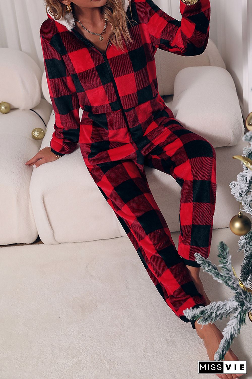 Red Buffalo Plaid Hooded Flannel Jumpsuit