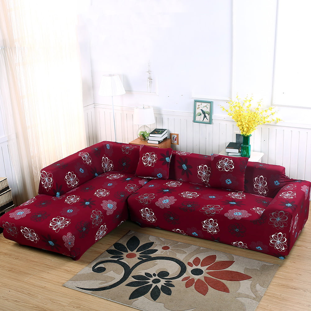 Stretch Sectional Couch Covers 2 Pieces L Shaped Floral Pattern Sofa Cover Set Soft L-Shape Slipcovers for Living Room Non Slip Furniture Protector