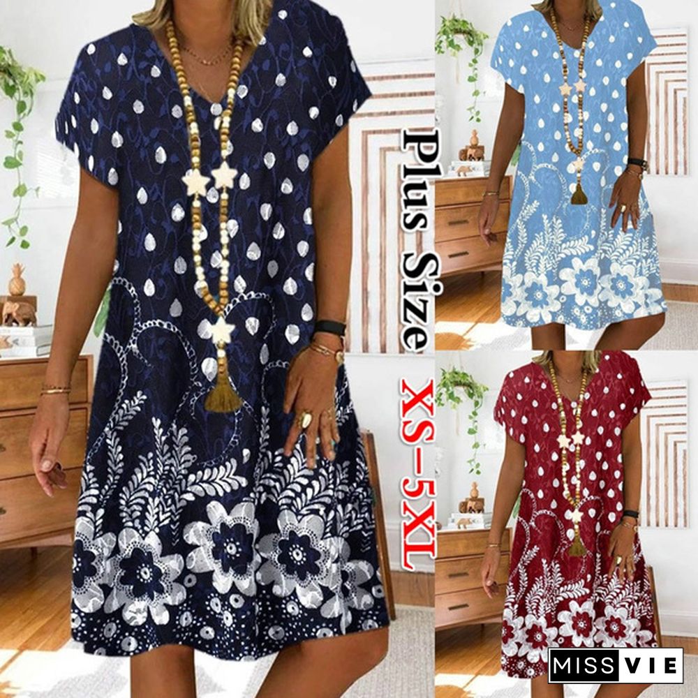 Women's Casual Short Sleeve Print V-neck Dress Loose Wave Point Dress Summer Dress Plus Size XS-5XL