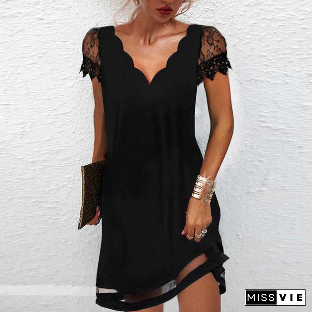 Summer Women's Casual Short Sleeve Dress Mesh Positioning Printed Lace V-Neck Beach Dress