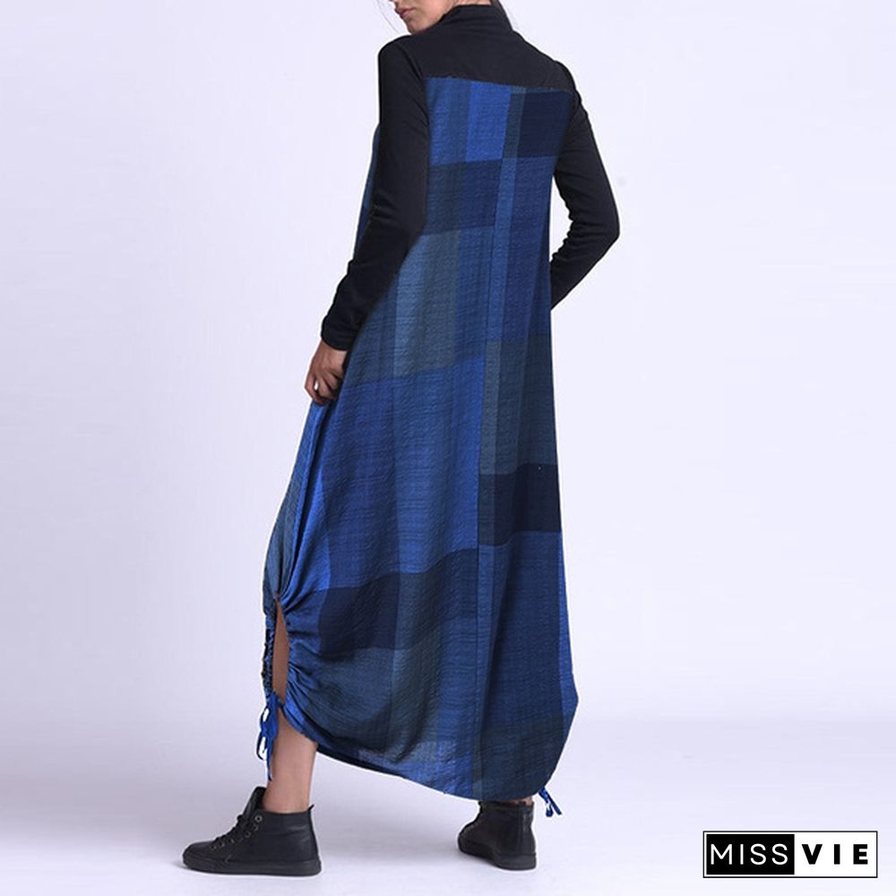 Casual Women Winter Fashion Jumper Dress Plus Size Long Sleeve Mock Neck Irregular Hem Baggy Plaid Dress Pullover Sweatshirts