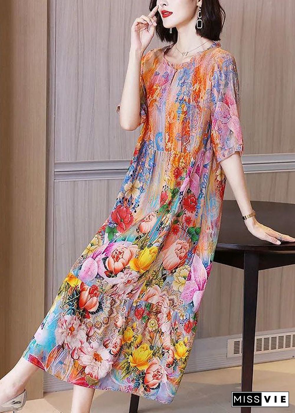 Women Orange Ruffled Print Silk Beach Dress Summer