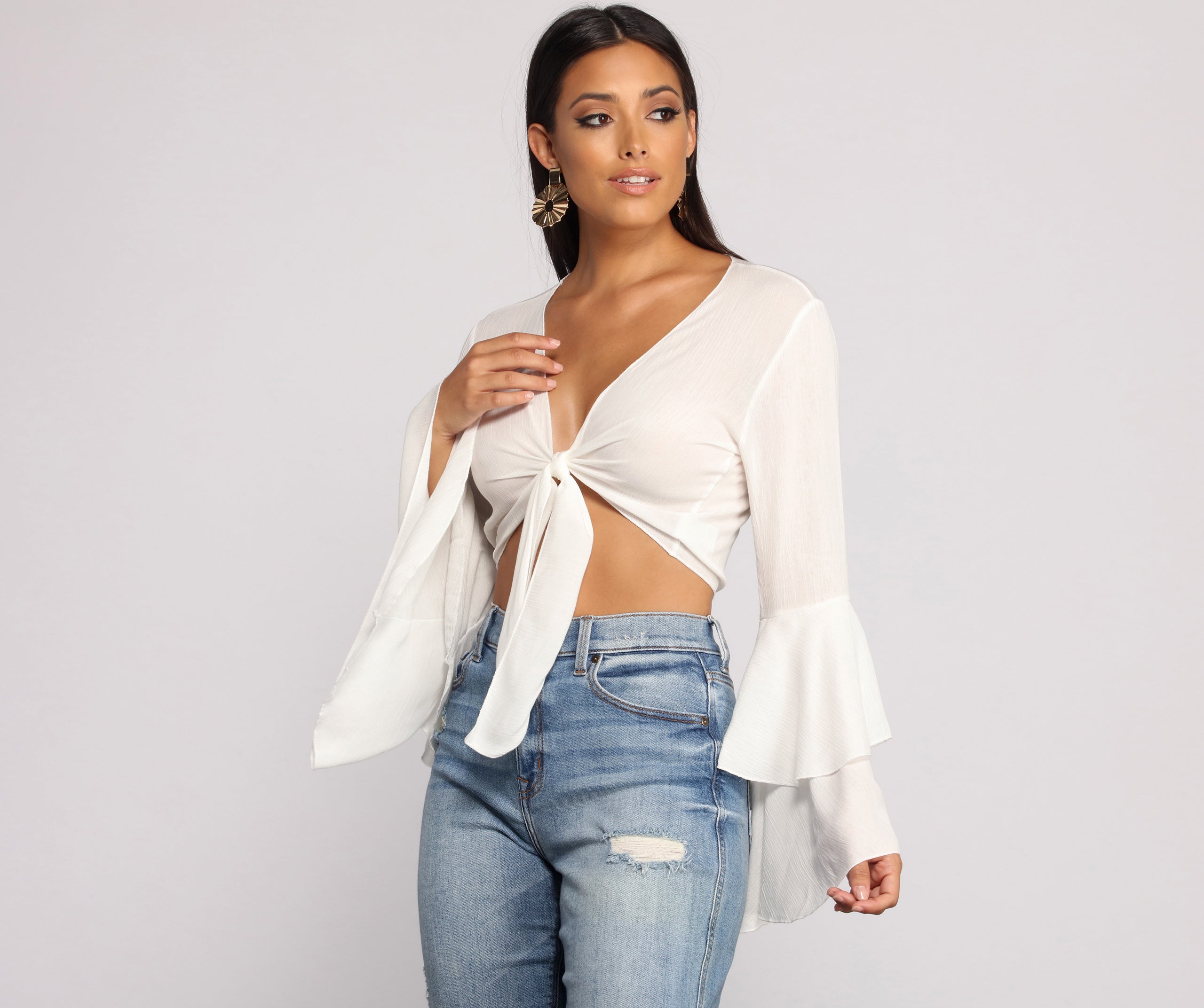 Woven Tie Front Bell Sleeve Crop Top