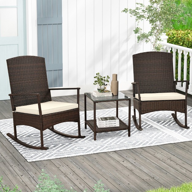 Tangkula 3 Pieces Rocking Wicker Bistro Set Outdoor Front Porch Rocker Chairs Conversation Set