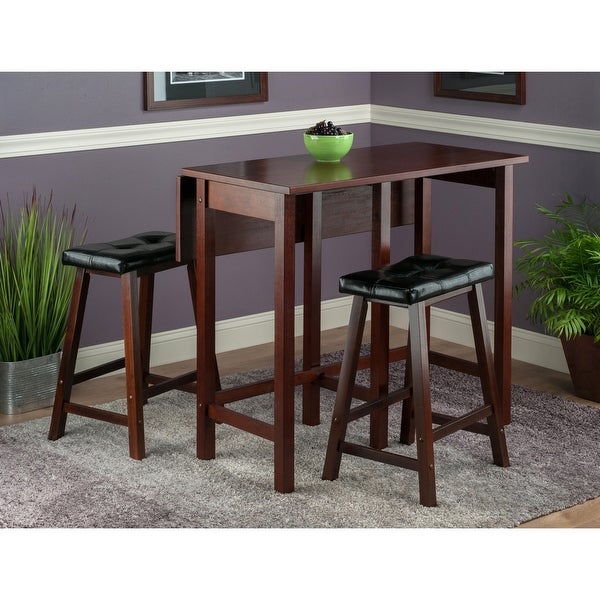 Wood Lynnwood 3-Pc Set， Drop Leaf Table and 2 Cushioned Saddle Seat Stools， Walnut Finish