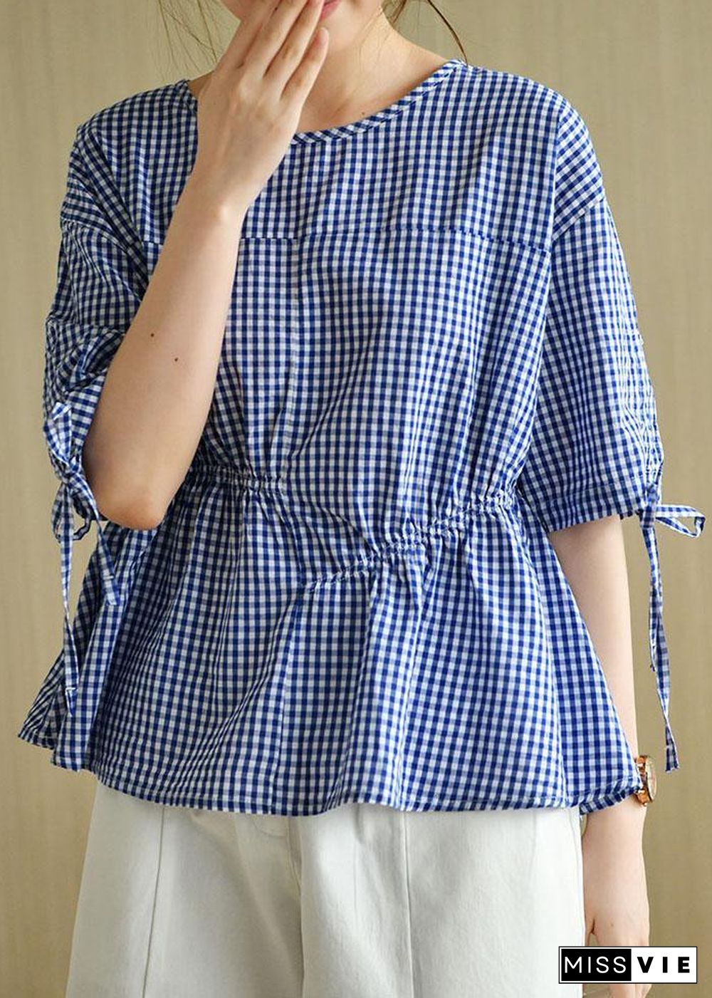 French Blue Plaid Patchwork Drawstring Summer Cotton Half Sleeve Blouse Top