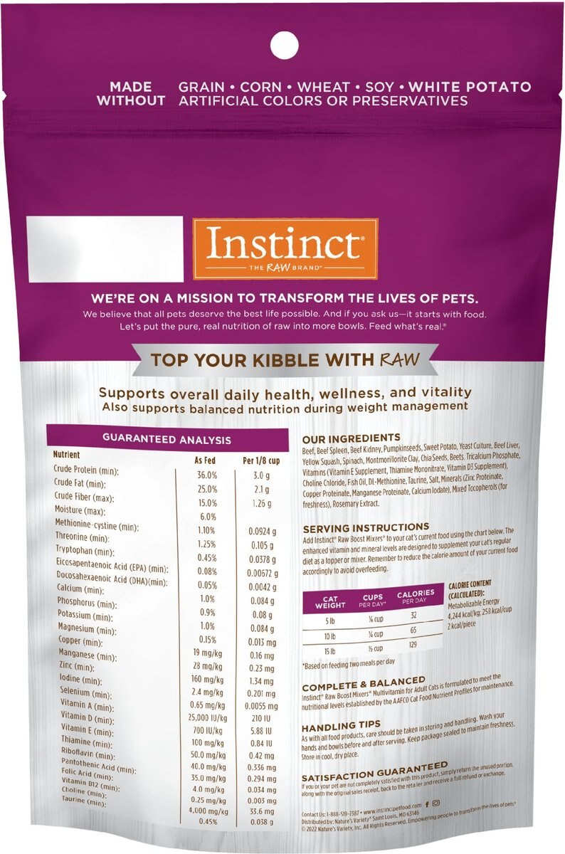 Instinct Boost Mixers Multivitamin Grain-Free Freeze-Dried Raw Adult Cat Food Topper， 5.5-oz bag