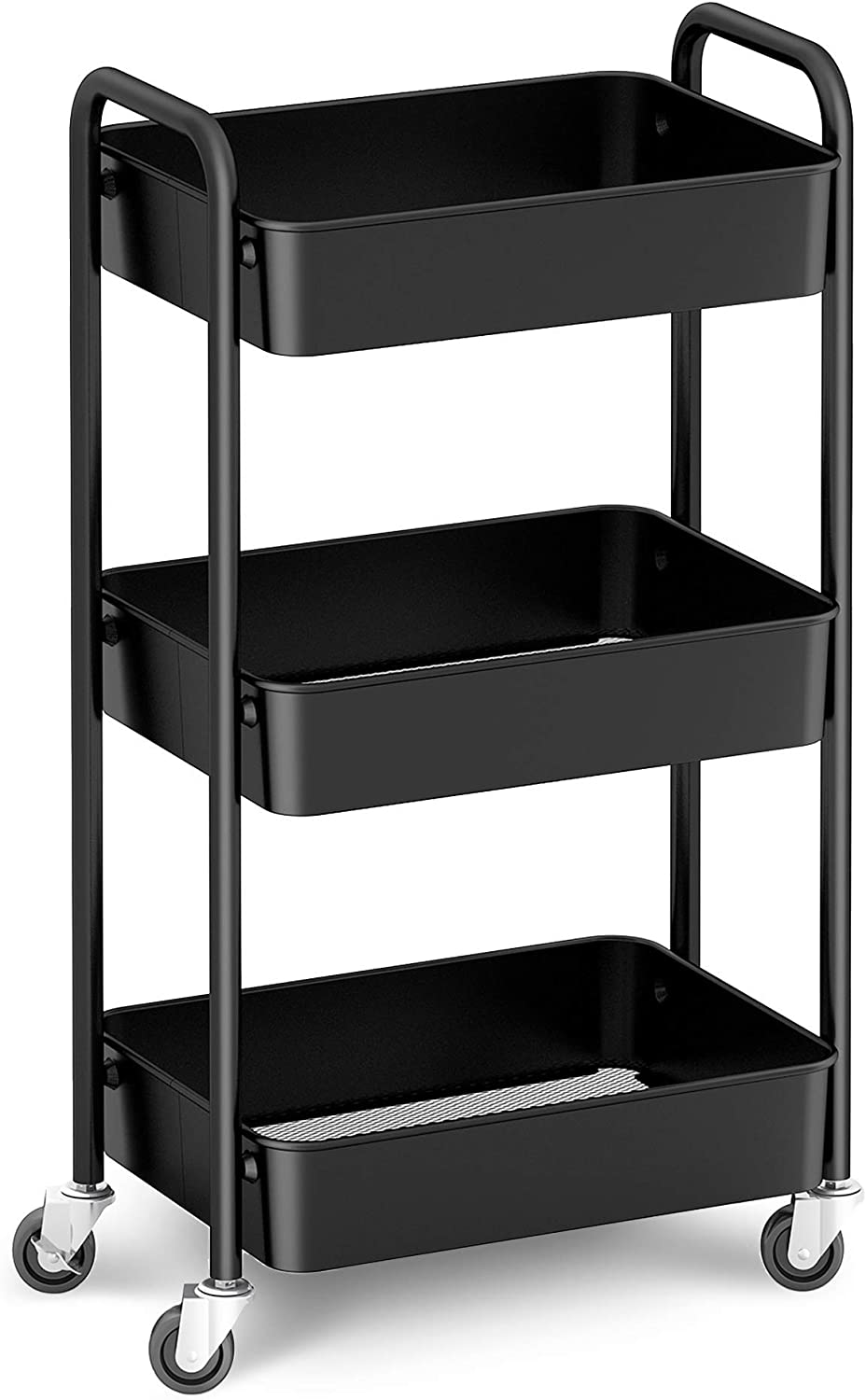 CAXXA 3-Tier Rolling Metal Storage Organizer - Mobile Utility Cart， Kitchen Cart with Caster Wheels (Black)